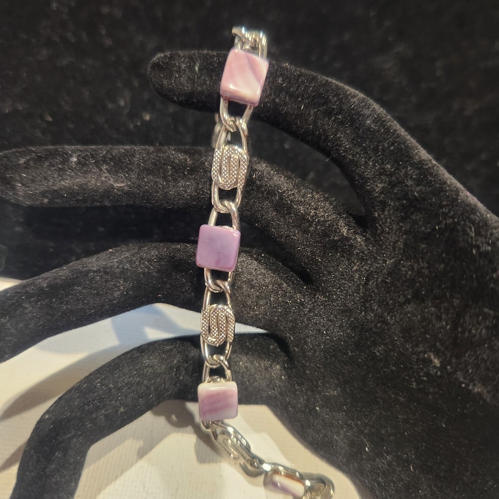 Vintage‎ Silver Tone Purple Shell Square Link Bracelet 7 Inch Geometric Clasp